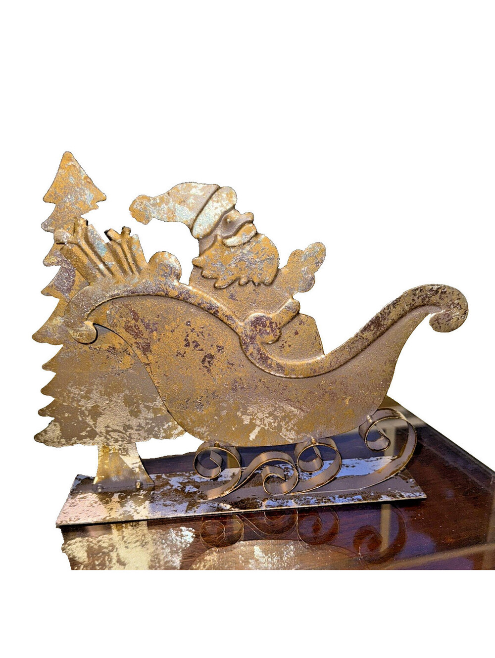 Rustic Santa In Sleigh Metal Decor Table Shelf Mantle Christmas